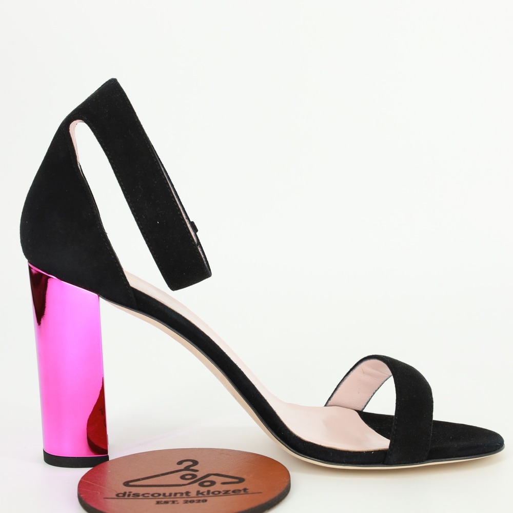 Kate Spade Ilona‎ Too Black Kid Suede Fuchsia Mirror Block Heel Sandals 9.5M